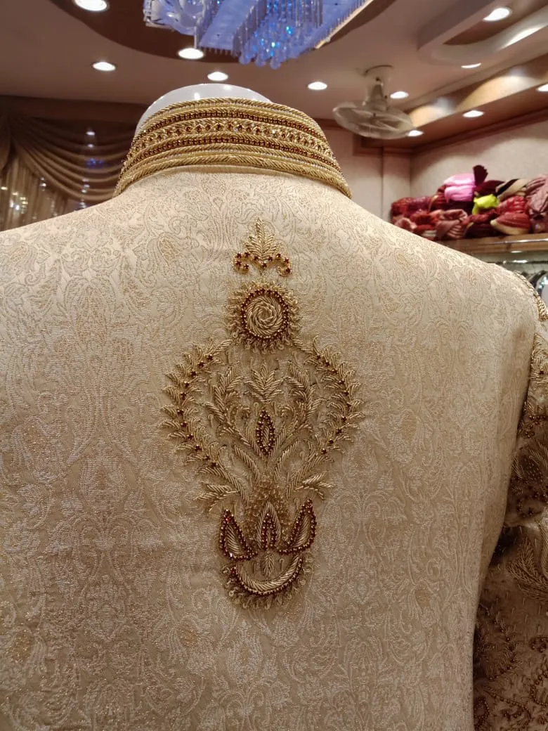 Dulha Sherwani With Turban In Golden Color Model# Men 1737