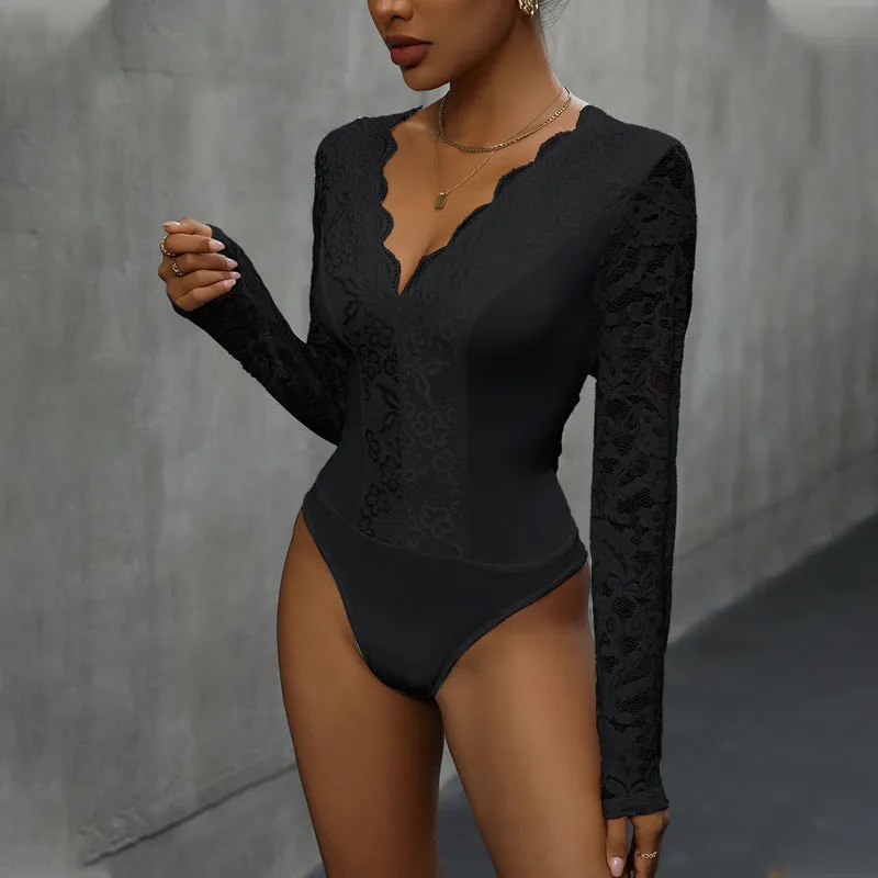 Elegant and Alluring Long-Sleeved V-Neck Lace Jumpsuit for Timeless Sophistication