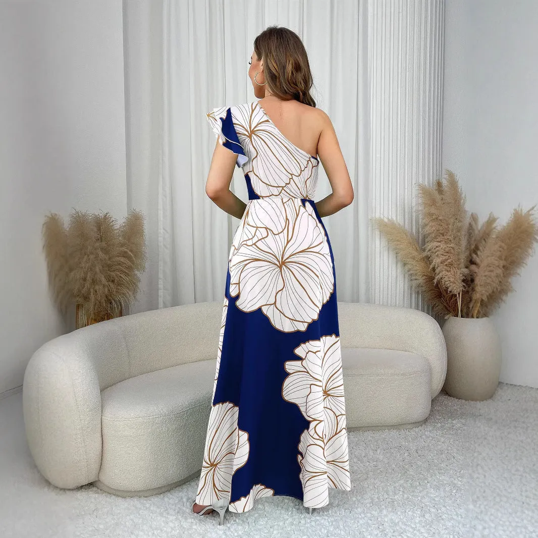 Elegant Floral One-Shoulder High Slit Maxi Dress Charm