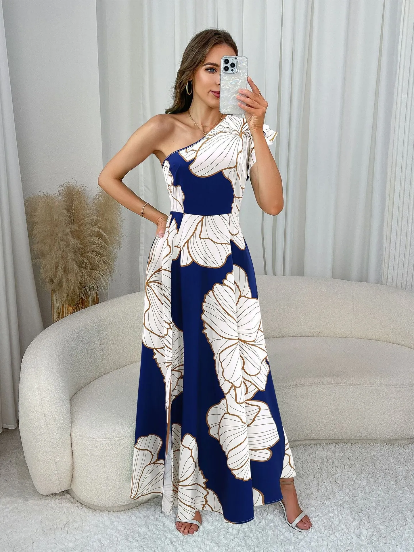 Elegant Floral One-Shoulder High Slit Maxi Dress Charm