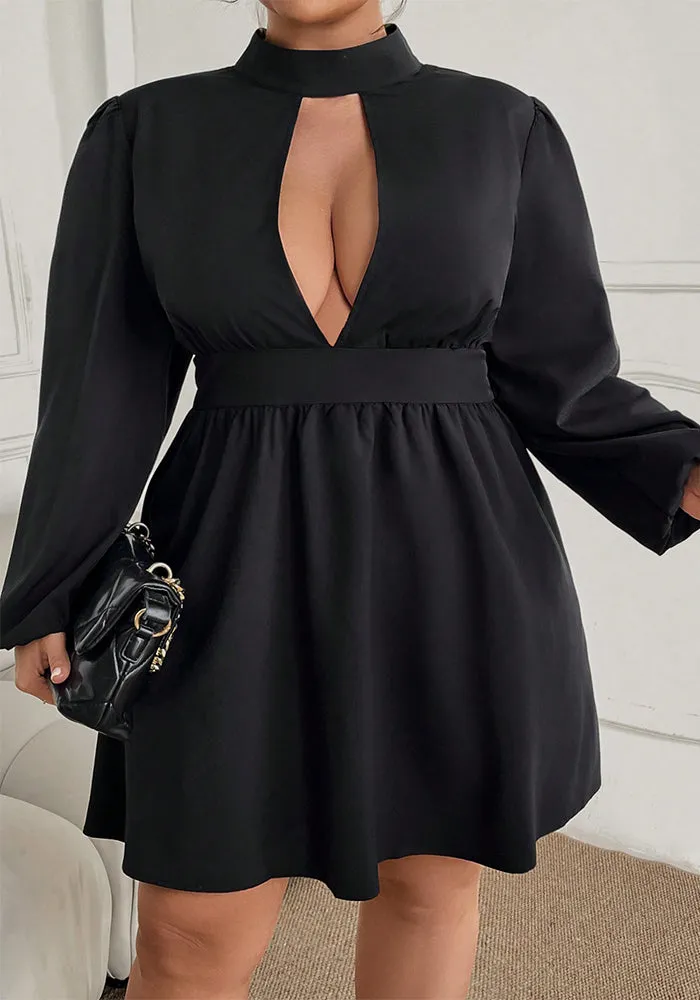 Elegant Keyhole Half-High Collar Short Dress with Flowing Silhouette