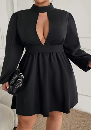 Elegant Keyhole Half-High Collar Short Dress with Flowing Silhouette