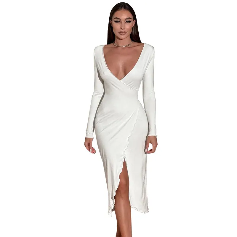 Elegant Long Sleeve Deep V-Neck High Slit Dress