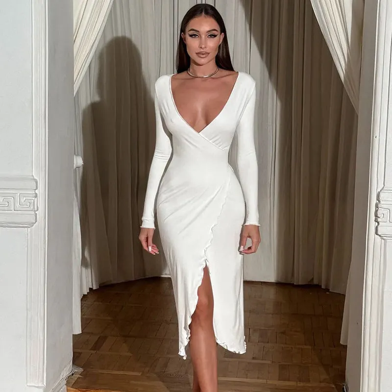 Elegant Long Sleeve Deep V-Neck High Slit Dress
