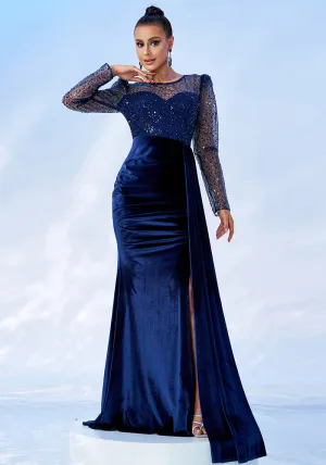 Elegant Long Sleeve Round Neck Mesh Sequin Fishtail Evening Gown for Glamorous Occasions