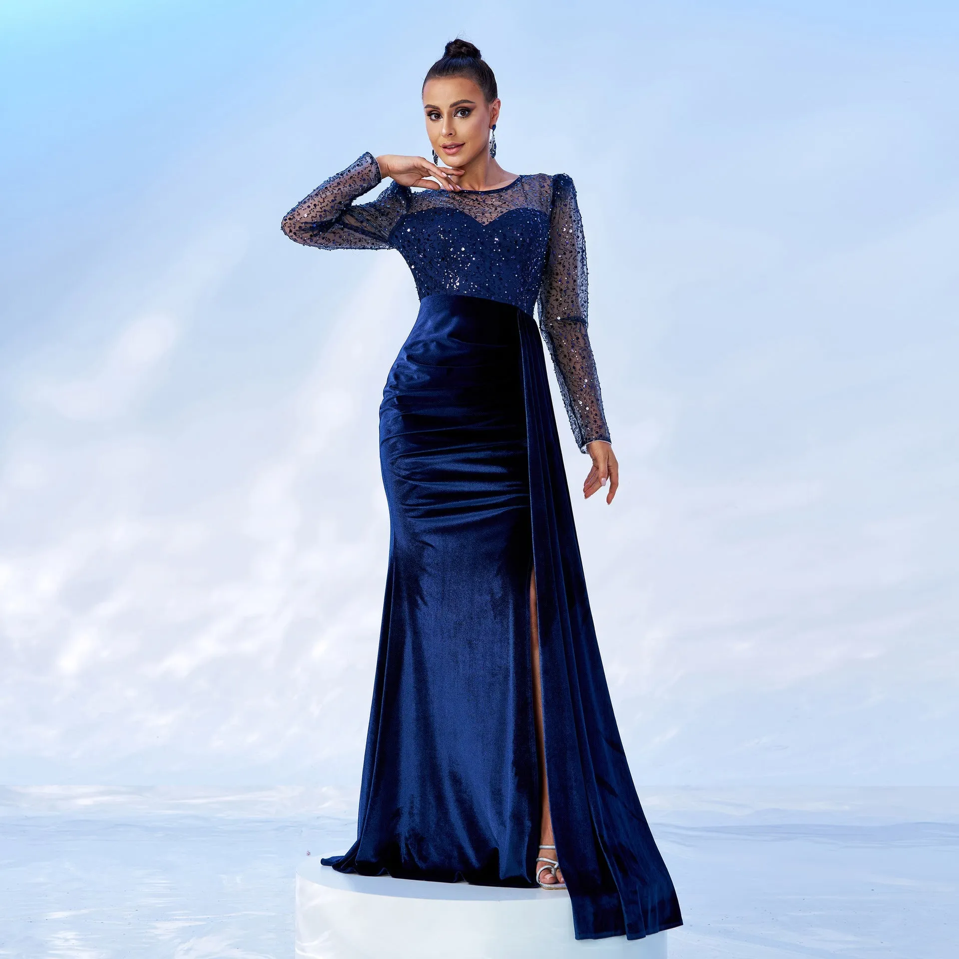 Elegant Long Sleeve Round Neck Mesh Sequin Fishtail Evening Gown for Glamorous Occasions