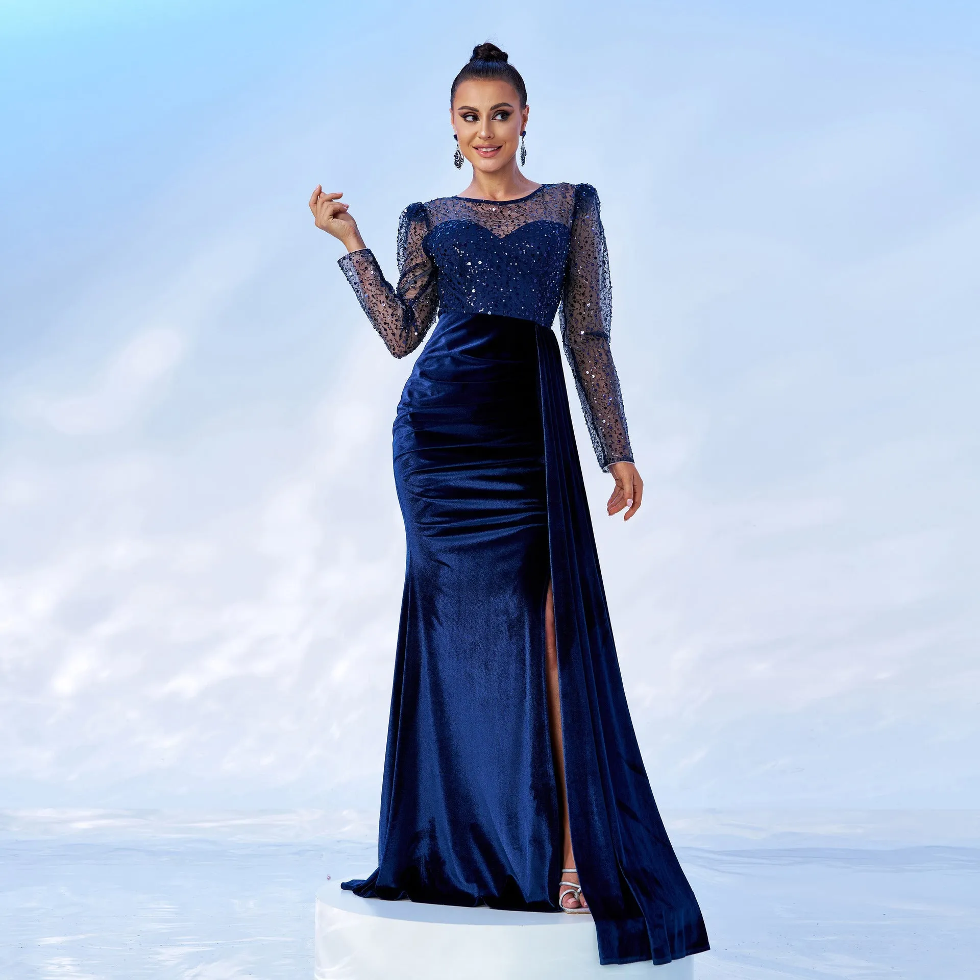 Elegant Long Sleeve Round Neck Mesh Sequin Fishtail Evening Gown for Glamorous Occasions