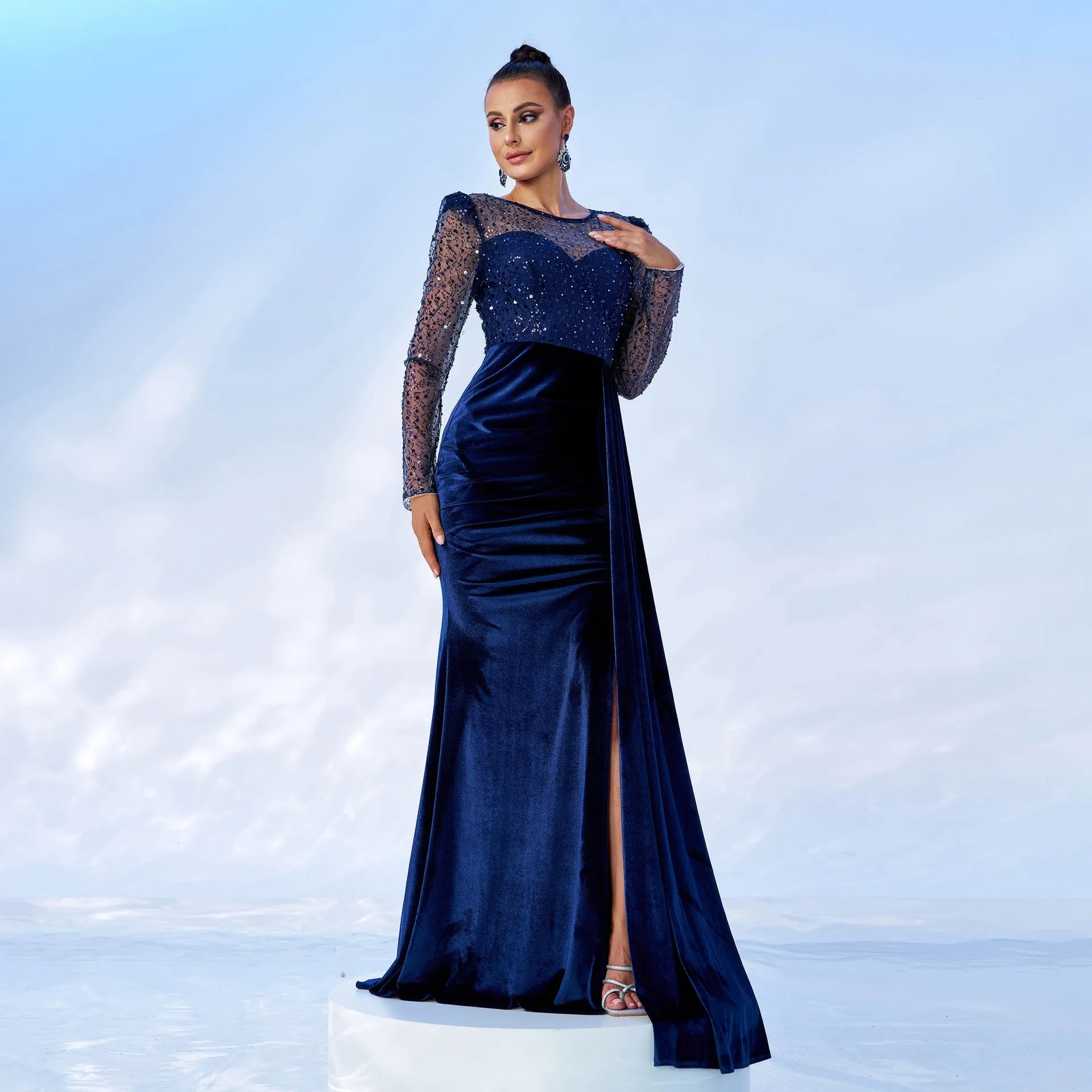 Elegant Long Sleeve Round Neck Mesh Sequin Fishtail Evening Gown for Glamorous Occasions