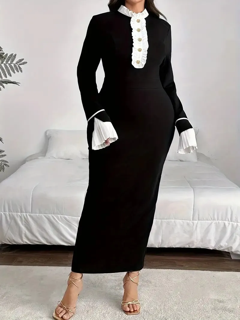 Elegant Plus Size Colorblock Bell-Sleeve Slit Dress with Ruffle Detail