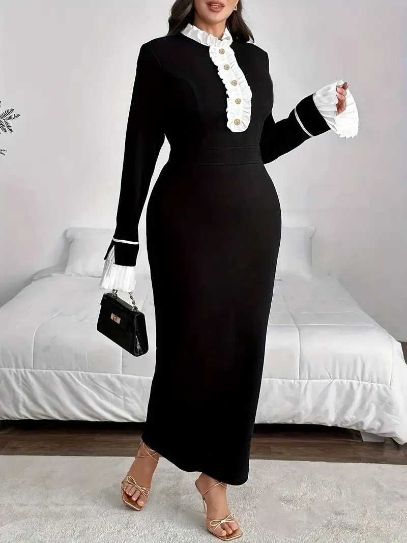 Elegant Plus Size Colorblock Bell-Sleeve Slit Dress with Ruffle Detail