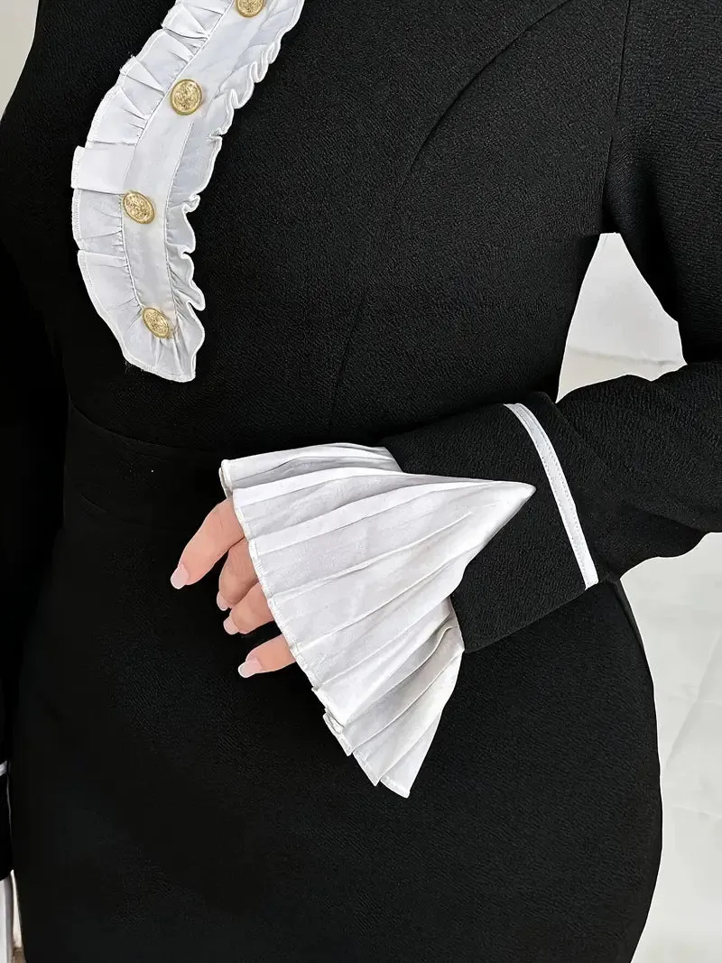 Elegant Plus Size Colorblock Bell-Sleeve Slit Dress with Ruffle Detail