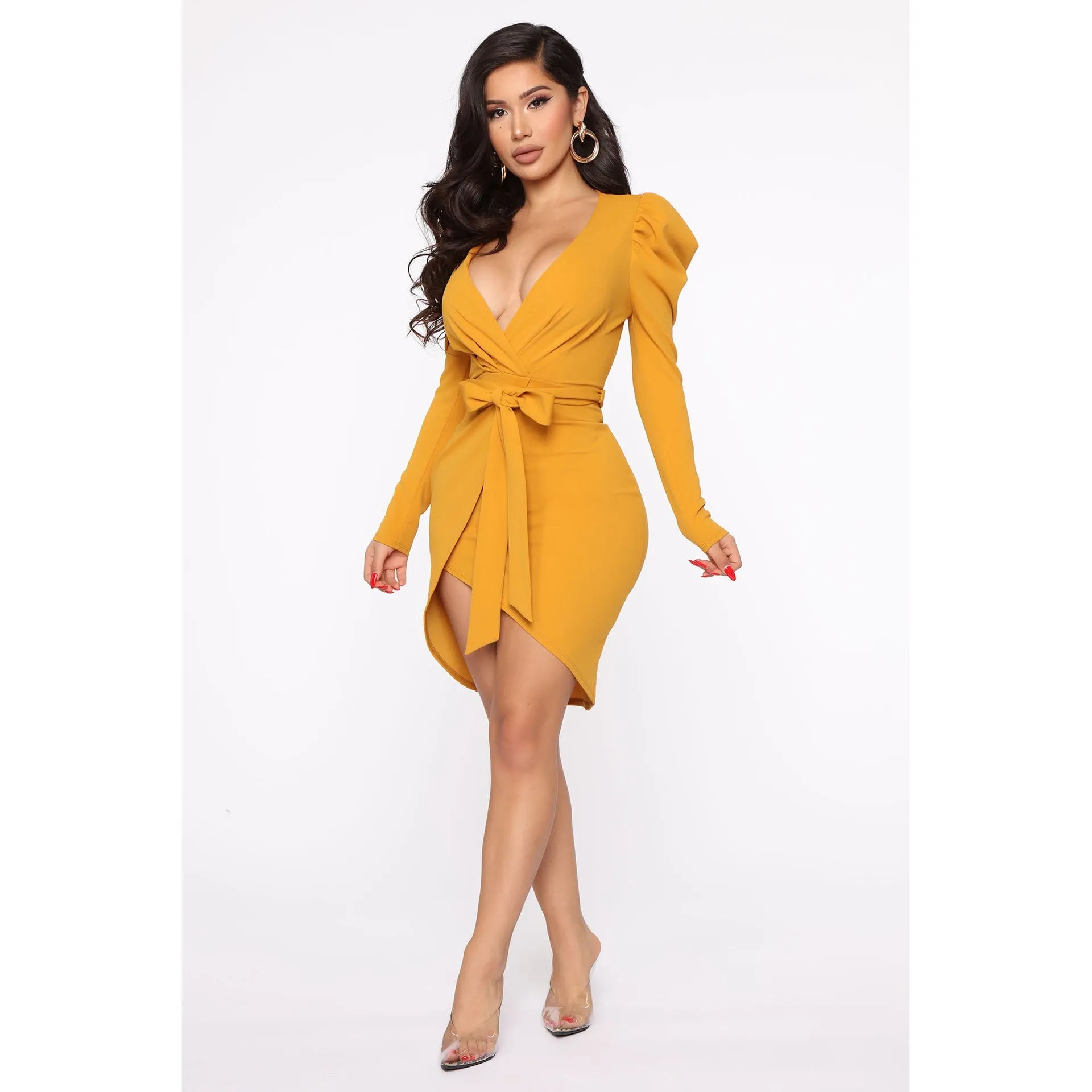 Elegant V-Neck Puff Sleeve Wrap Dress with Waist Tie
