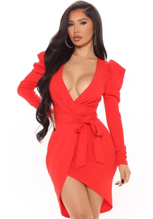 Elegant V-Neck Puff Sleeve Wrap Dress with Waist Tie