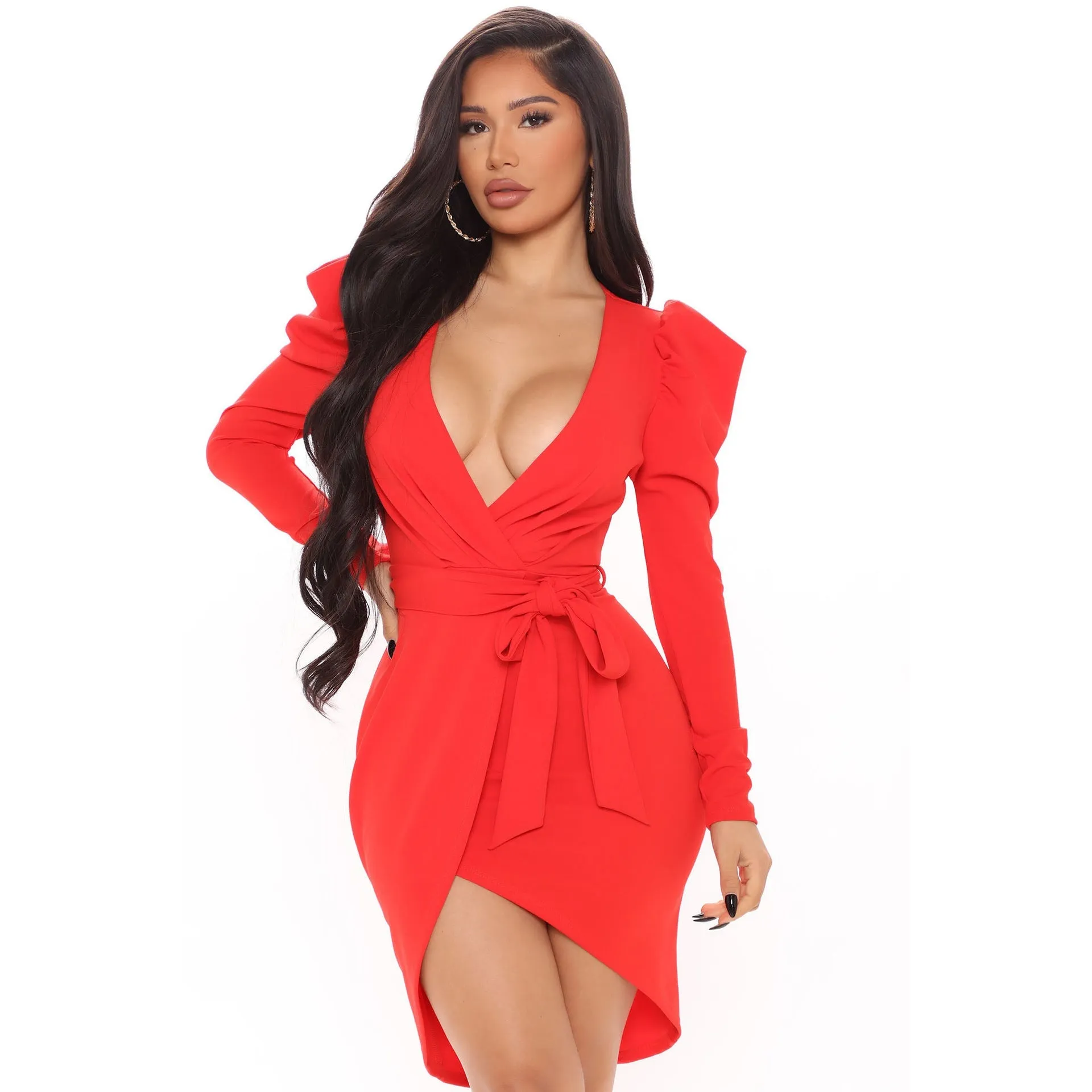 Elegant V-Neck Puff Sleeve Wrap Dress with Waist Tie