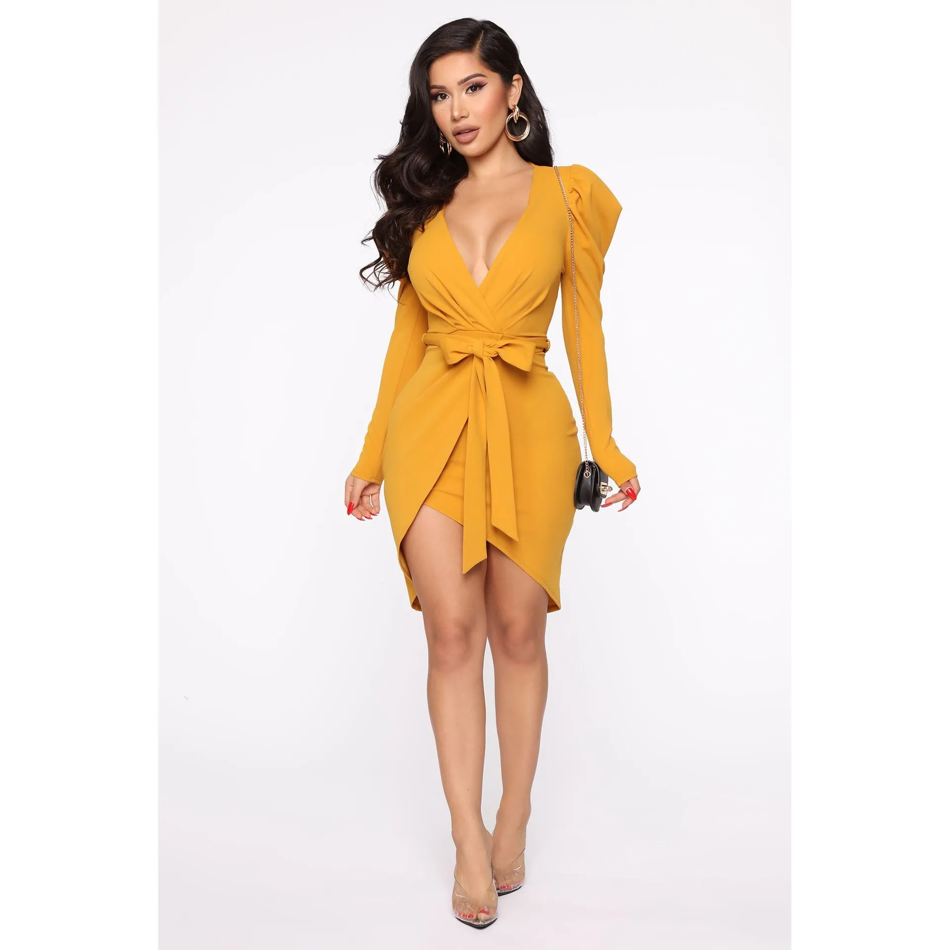Elegant V-Neck Puff Sleeve Wrap Dress with Waist Tie