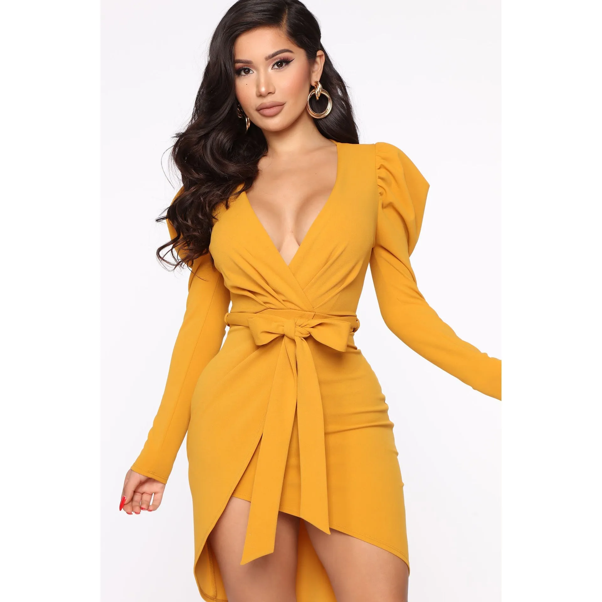 Elegant V-Neck Puff Sleeve Wrap Dress with Waist Tie
