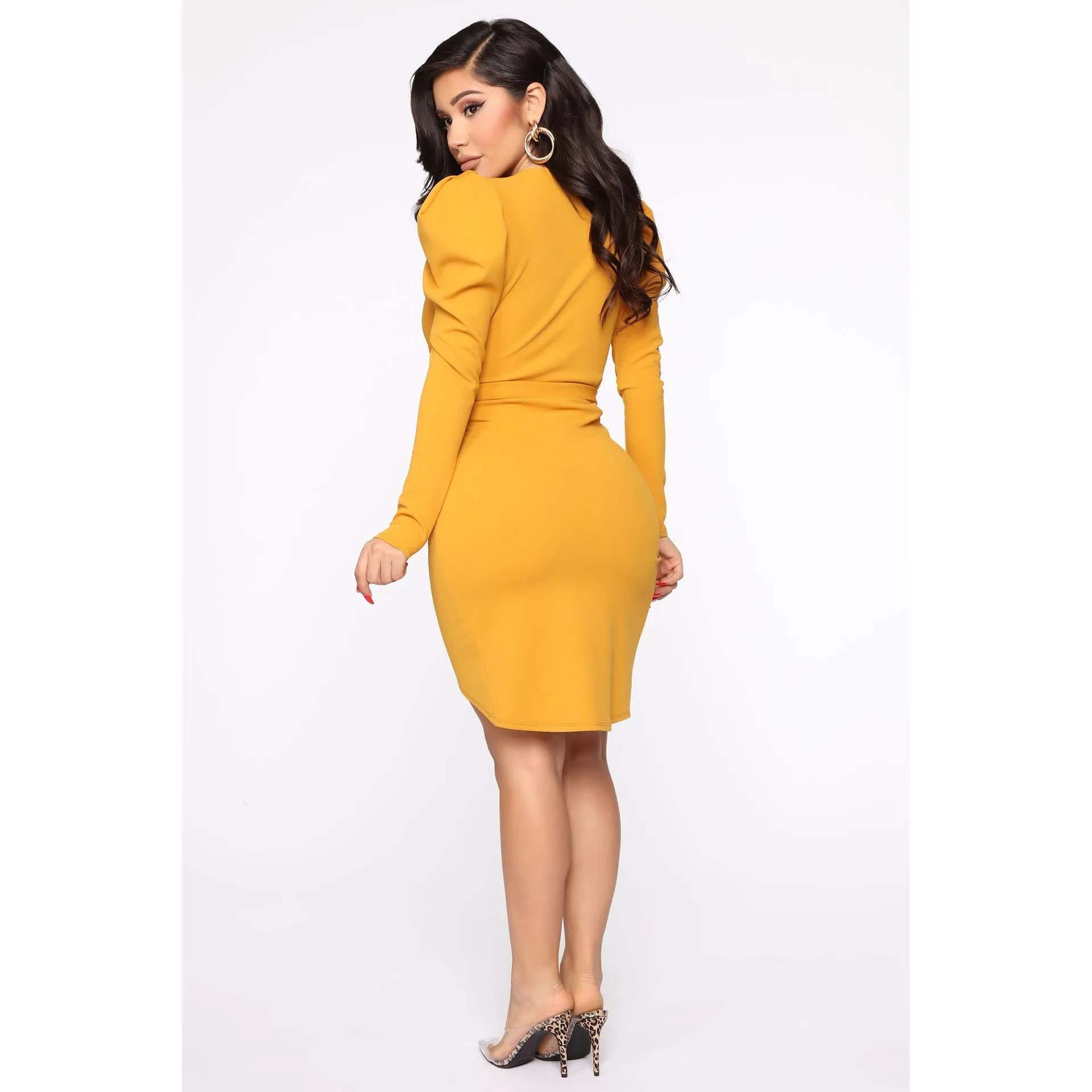 Elegant V-Neck Puff Sleeve Wrap Dress with Waist Tie
