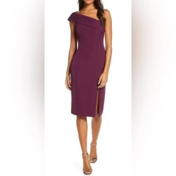 Eliza J Plum One Shoulder Scuba Crepe Sheath Dress Midi Classy Party Cocktail 2