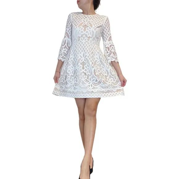 Eliza J White Lace Overylay Embroidery BellSleeve Babydoll Aline Dress Size 0 P