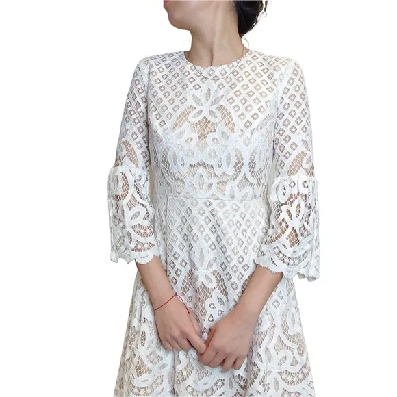 Eliza J White Lace Overylay Embroidery BellSleeve Babydoll Aline Dress Size 0 P