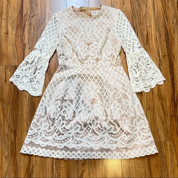 Eliza J White Lace Overylay Embroidery BellSleeve Babydoll Aline Dress Size 0 P