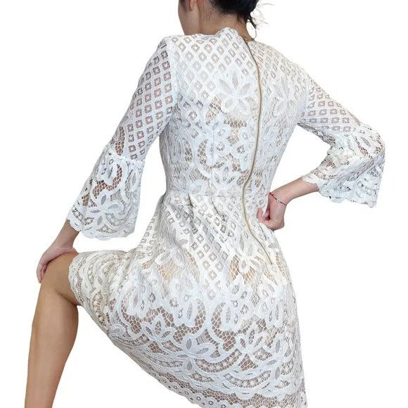 Eliza J White Lace Overylay Embroidery BellSleeve Babydoll Aline Dress Size 0 P