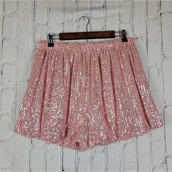 Endless Rose pink sequin high rise waisted balloon edge blouson shorts