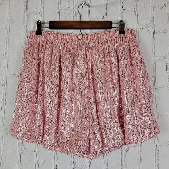 Endless Rose pink sequin high rise waisted balloon edge blouson shorts