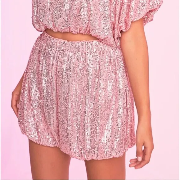 Endless Rose pink sequin high rise waisted balloon edge blouson shorts
