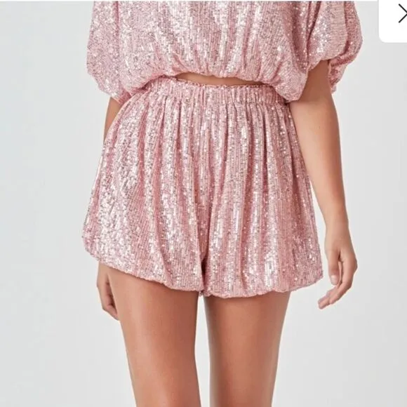 Endless Rose pink sequin high rise waisted balloon edge blouson shorts
