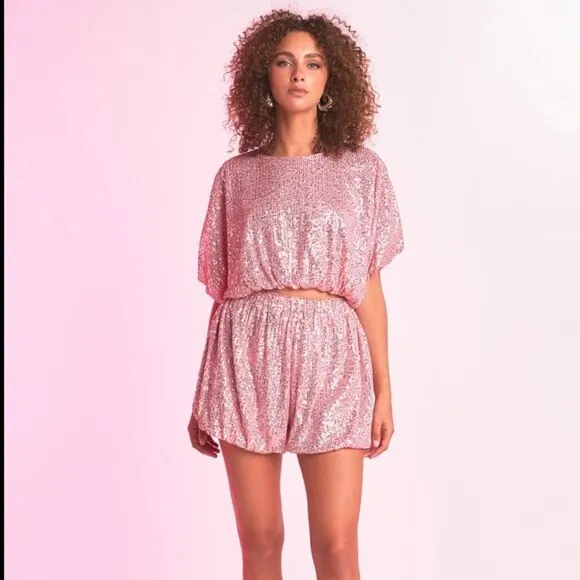 Endless Rose pink sequin high rise waisted balloon edge blouson shorts