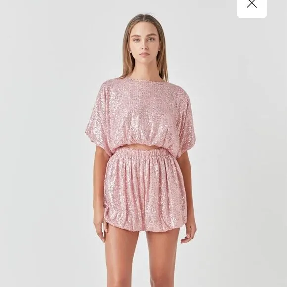 Endless Rose pink sequin high rise waisted balloon edge blouson shorts