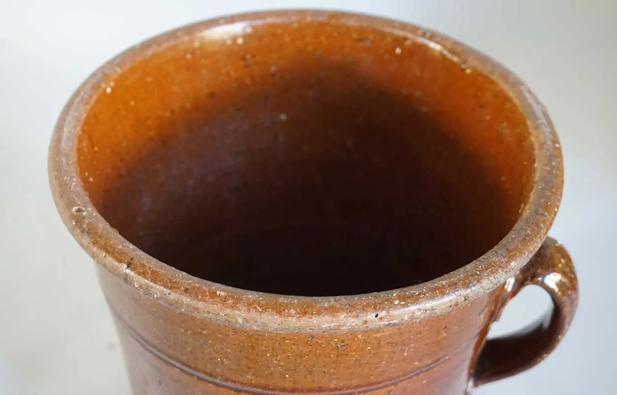 English Glazed Redware Pottery One-Handle Crock