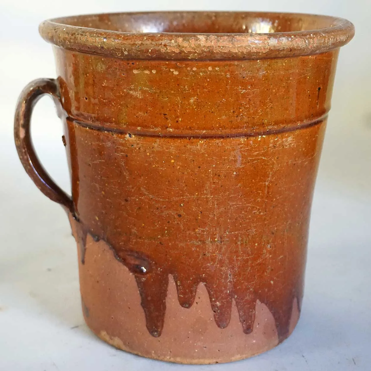 English Glazed Redware Pottery One-Handle Crock
