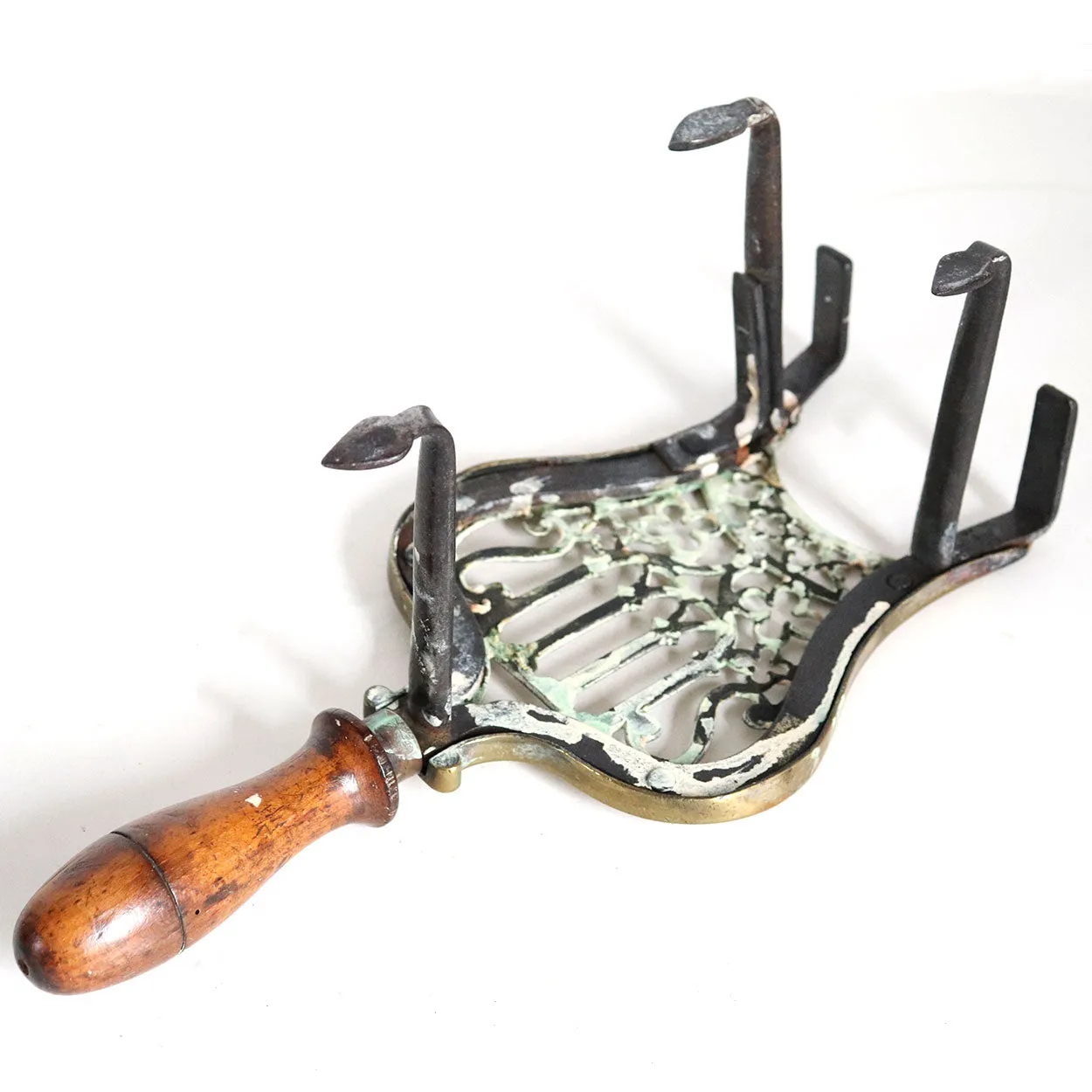 English Gothic Revival Brass, Iron and Oak Handle Fireplace Hearth Trivet