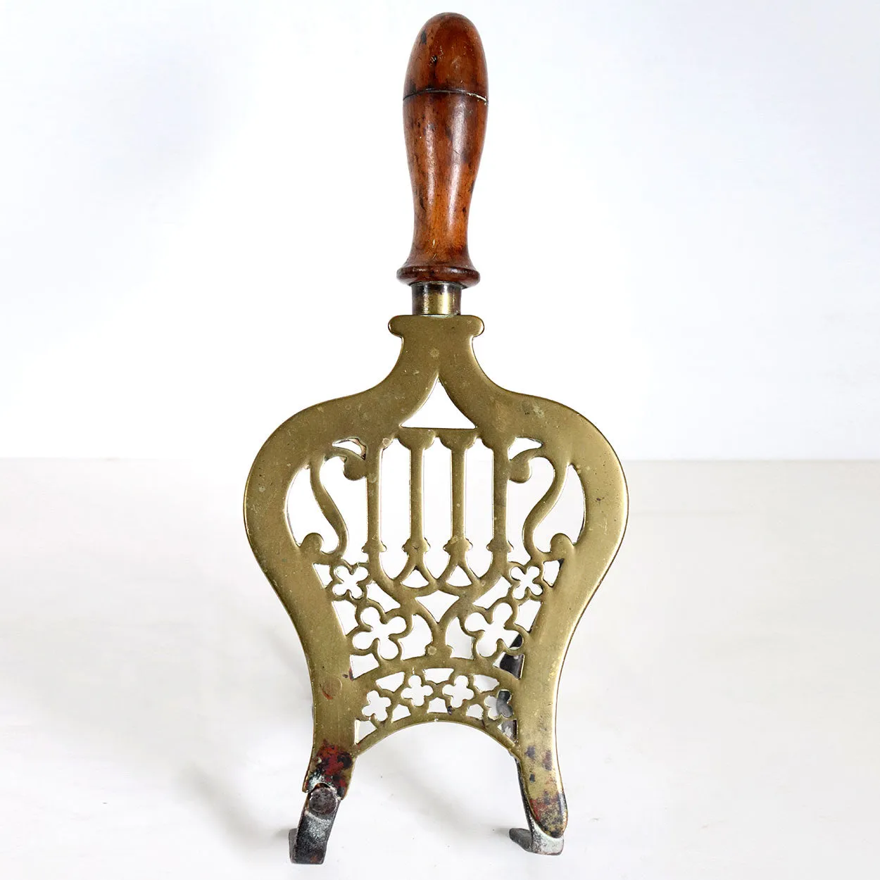 English Gothic Revival Brass, Iron and Oak Handle Fireplace Hearth Trivet