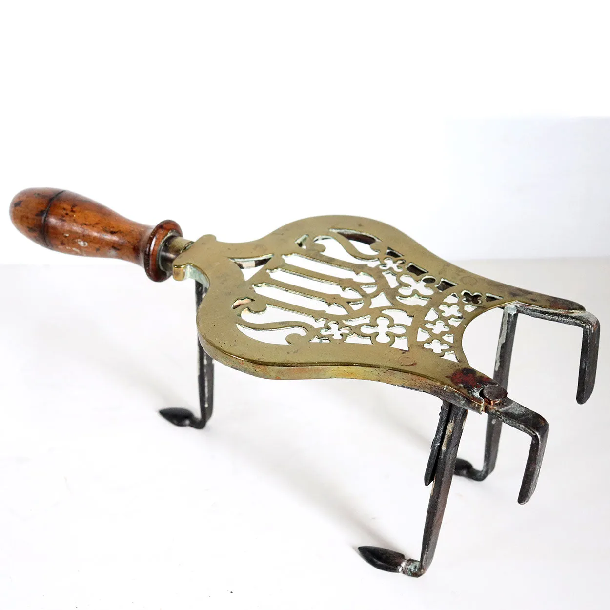 English Gothic Revival Brass, Iron and Oak Handle Fireplace Hearth Trivet