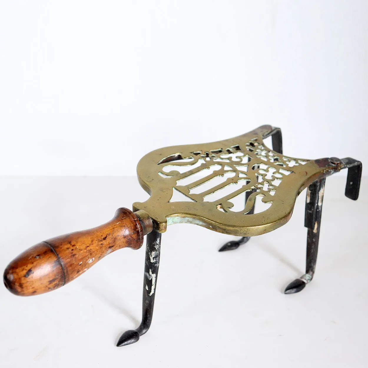 English Gothic Revival Brass, Iron and Oak Handle Fireplace Hearth Trivet