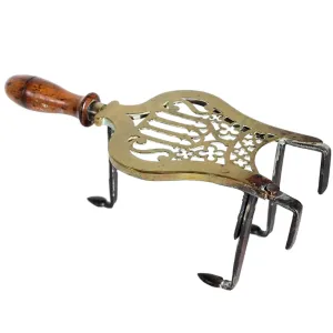 English Gothic Revival Brass, Iron and Oak Handle Fireplace Hearth Trivet