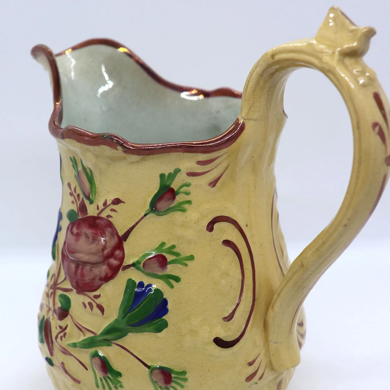 English Victorian Enamel Lustre Pottery Relief Molded Pitcher