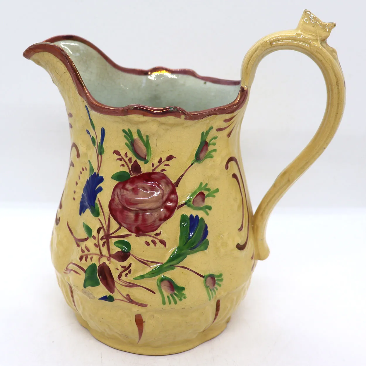 English Victorian Enamel Lustre Pottery Relief Molded Pitcher