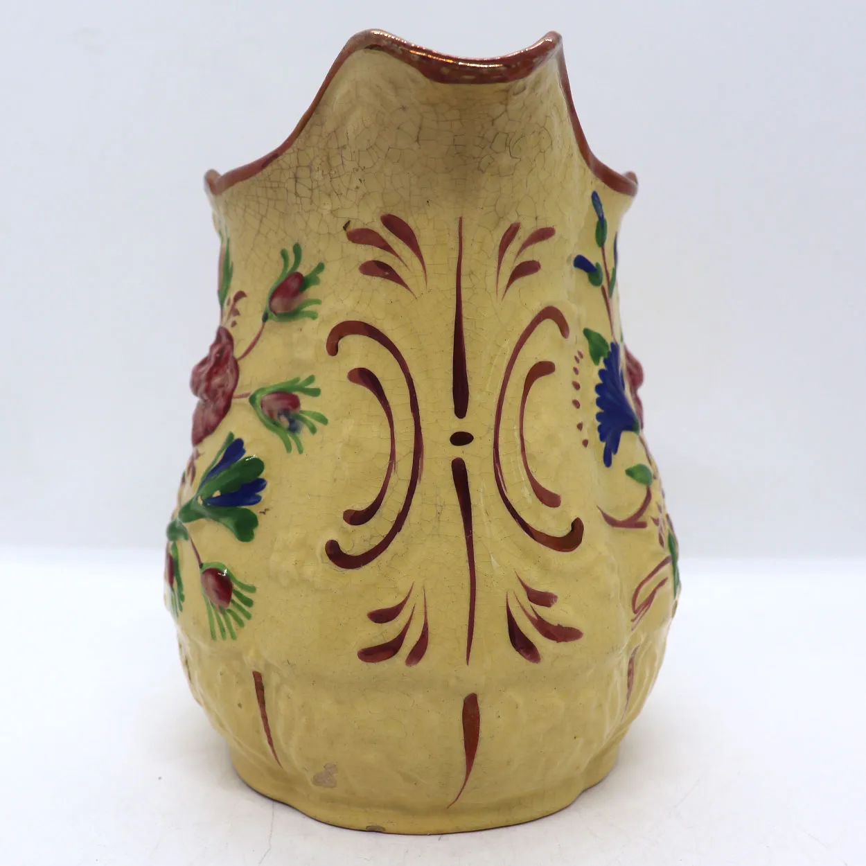 English Victorian Enamel Lustre Pottery Relief Molded Pitcher