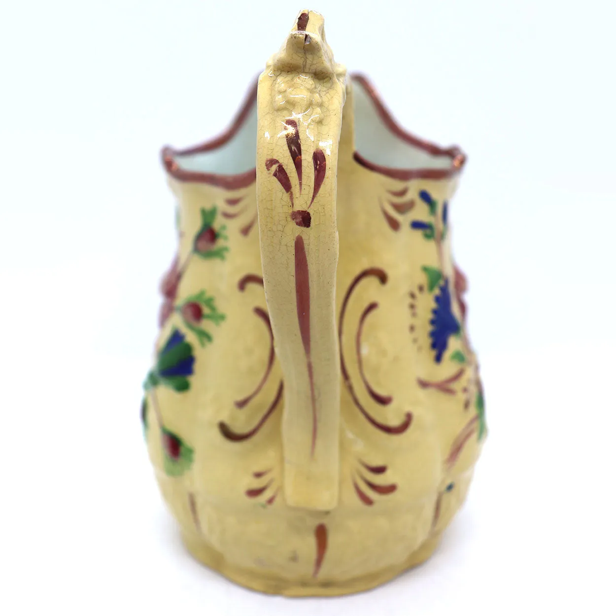 English Victorian Enamel Lustre Pottery Relief Molded Pitcher