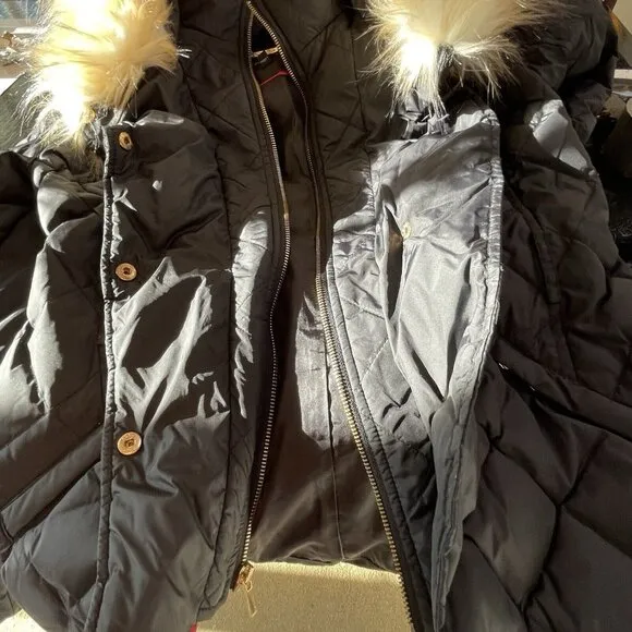 Express Hooded Parka Faux Fur Coat Jacket Womens Small Black Quilted Outdoor