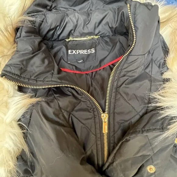 Express Hooded Parka Faux Fur Coat Jacket Womens Small Black Quilted Outdoor