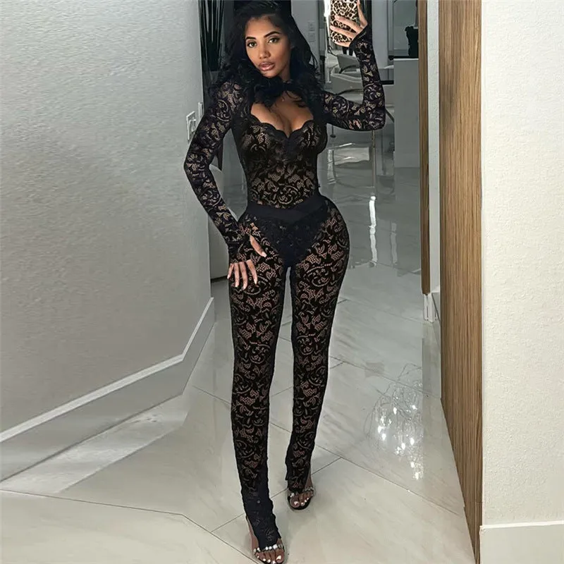 Exquisite Lace See-Through Two-Piece Bodysuit and Pants Set