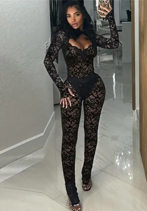 Exquisite Lace See-Through Two-Piece Bodysuit and Pants Set