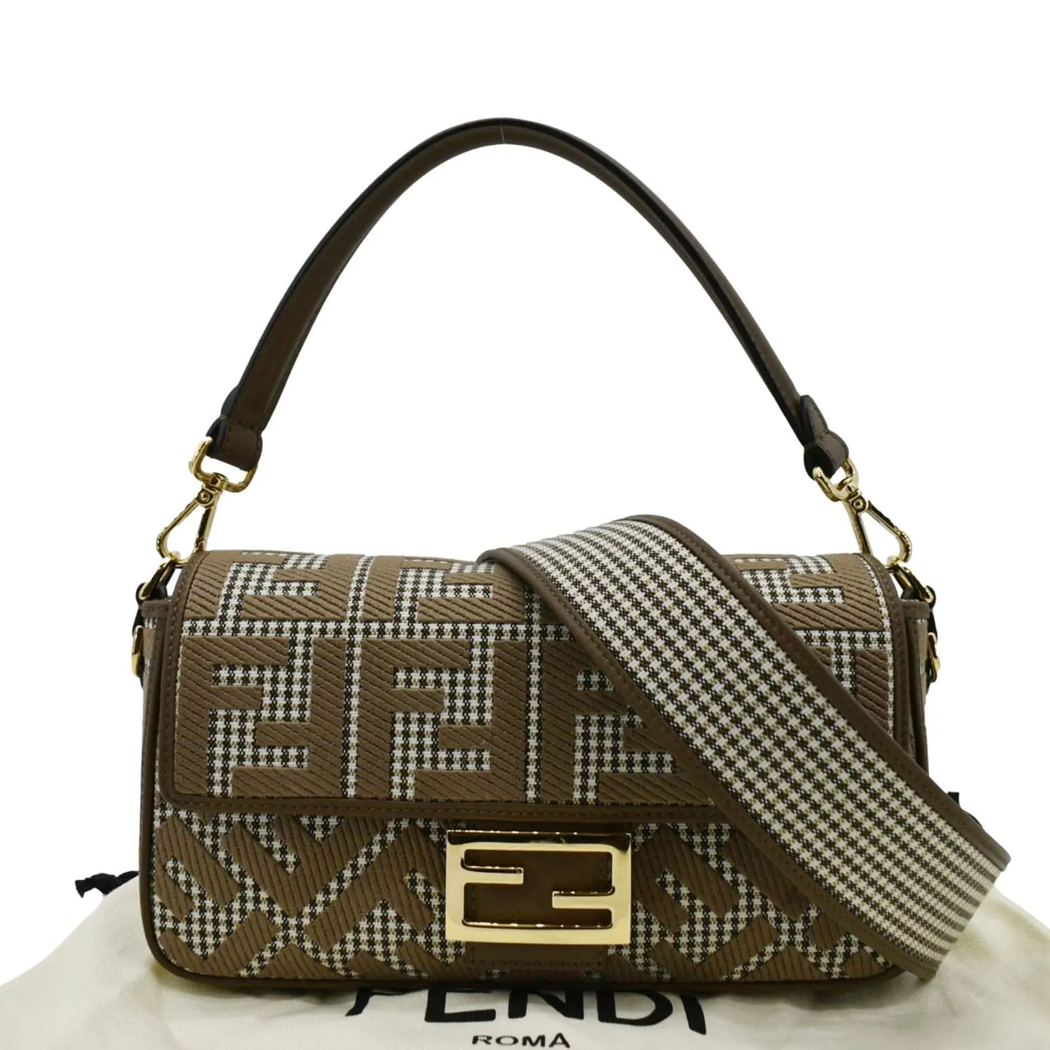 FENDI Houndstooth Baguette Zucca Wool Medium Shoulder Bag Olive
