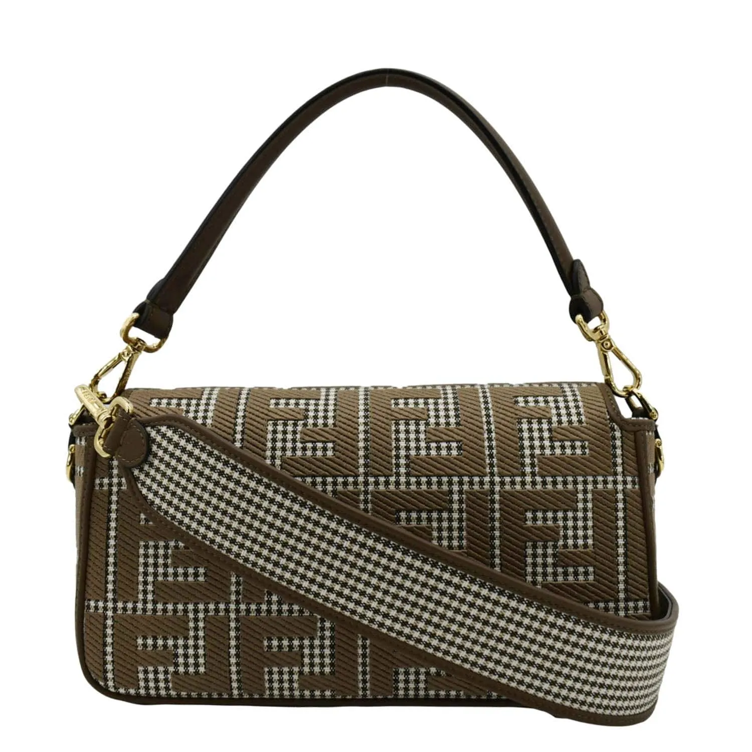 FENDI Houndstooth Baguette Zucca Wool Medium Shoulder Bag Olive
