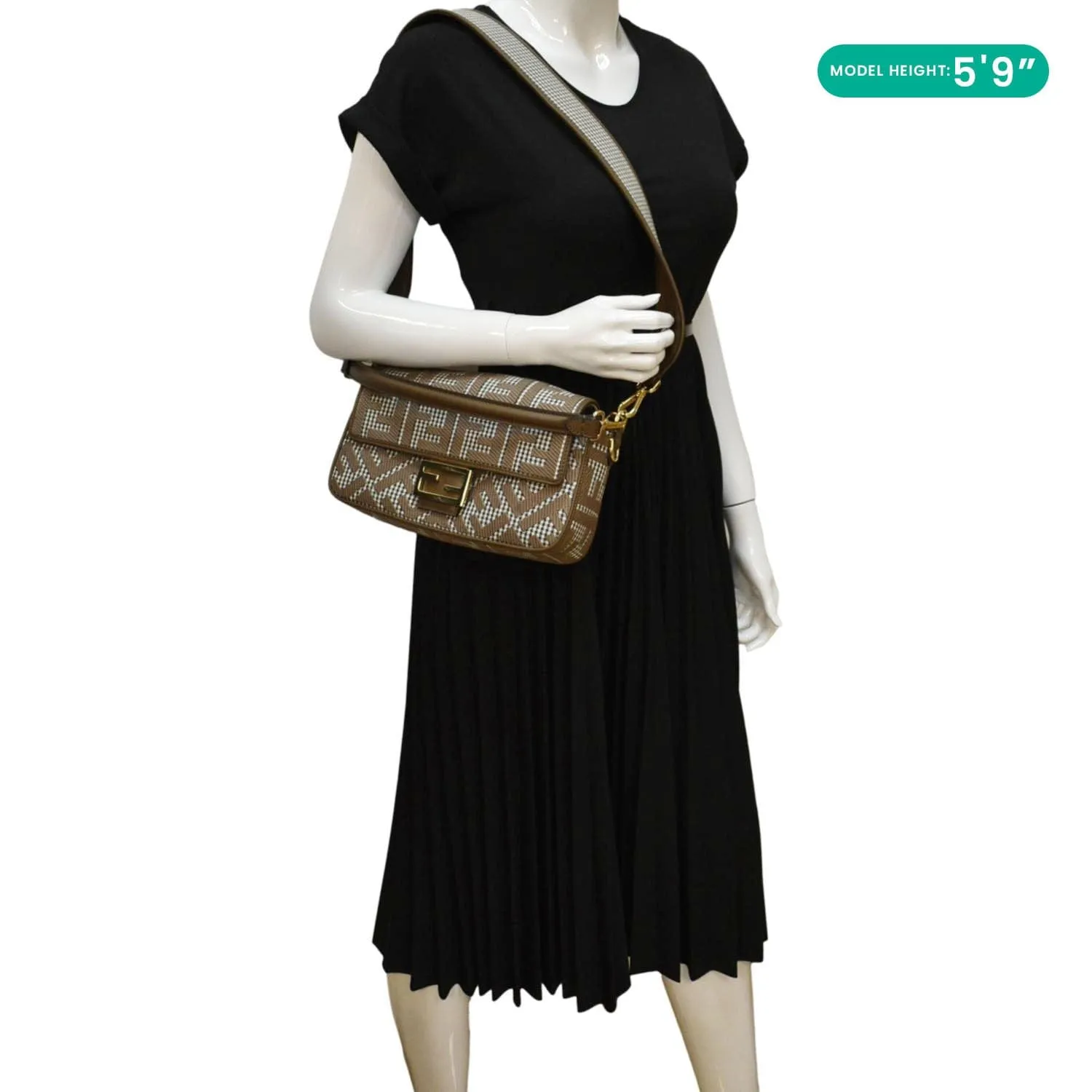 FENDI Houndstooth Baguette Zucca Wool Medium Shoulder Bag Olive